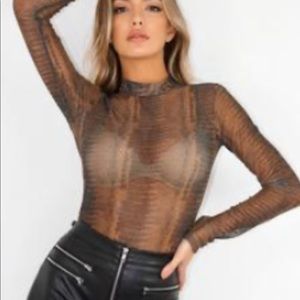 Snakeskin Sheer Long Sleeve Bodysuit - Brown